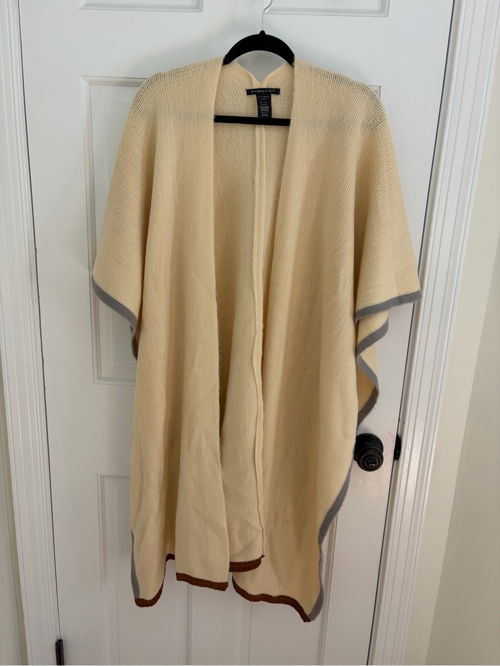 Anthropologie Cream Knit Poncho with Gray and Brown Trim
